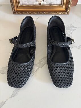 Woven Mary Jane Flats in Black with Ankle Strap